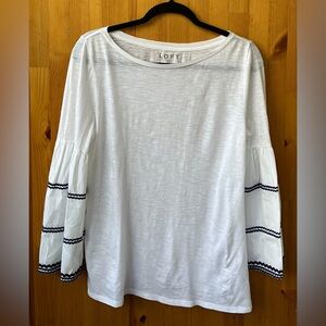 LOFT Women's White Long Ruffle Sleeve Navy Blue Trim Boat Neck T-Shirt - Size S